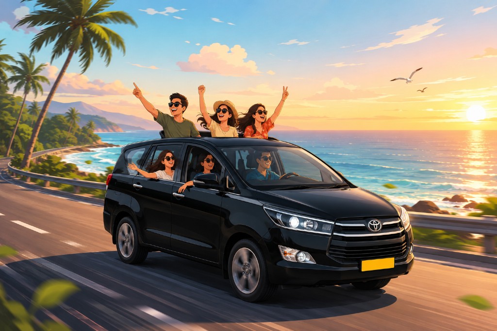 Friends enjoying a scenic coastal road trip in a Cosmic Cabs rental SUV